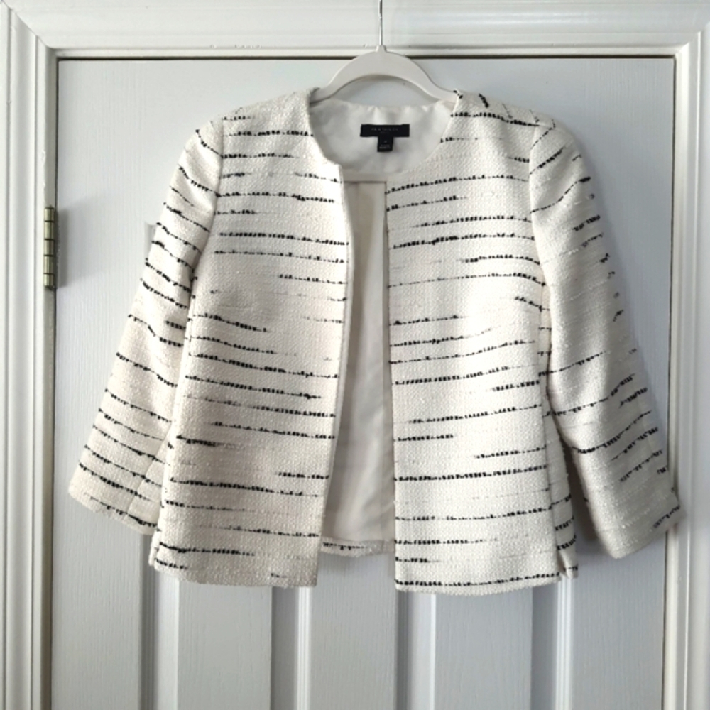 Ann Taylor Striped Tweed Cropped Blazer Jacket Womens 0P Open Front